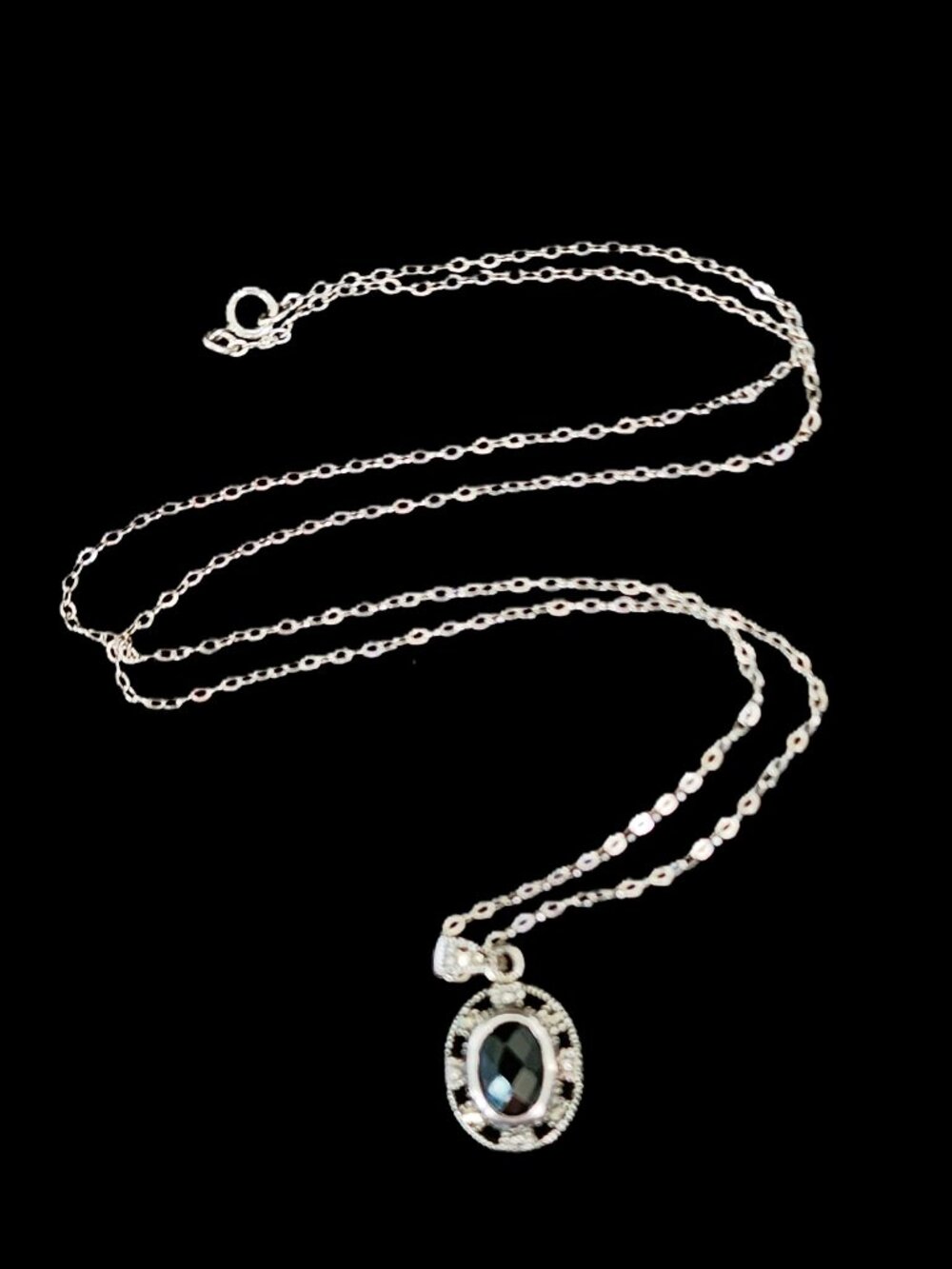 Vintage 80s Sterling Silver French Jet Marcasite Pendant Necklace 925 MJ 20"